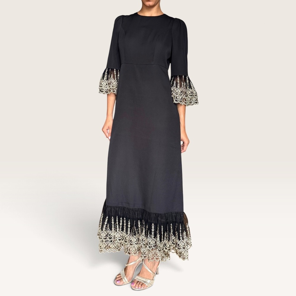Pomander Place Black Lilith Gold Lace Maxi Dress Small Witchy Whimsigoth NWT